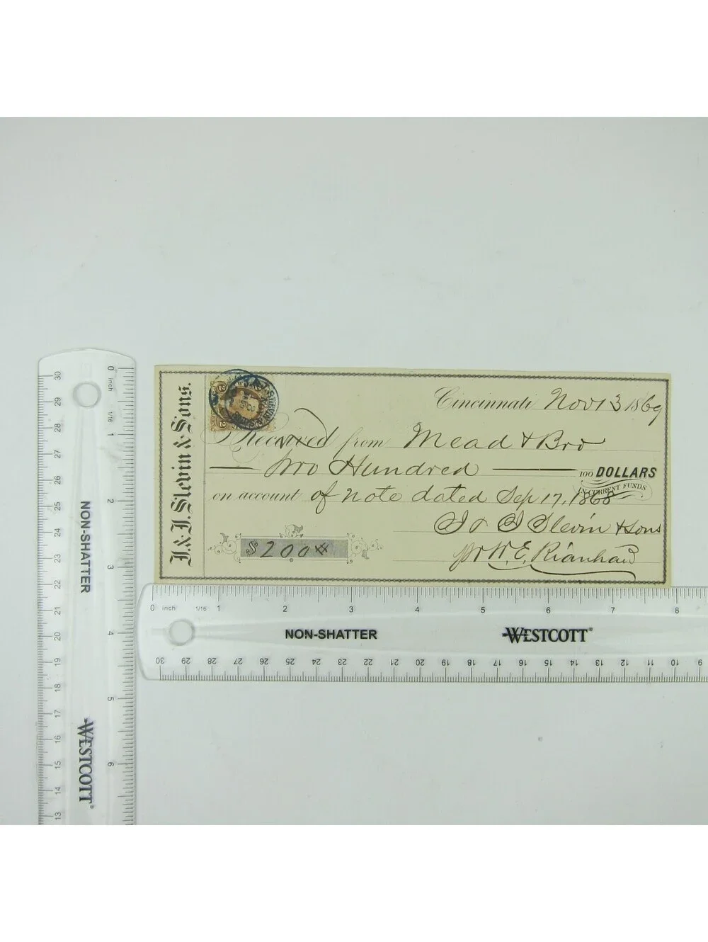 1869 Promissory Note & Revenue Stamp J. & J. Slevin & Sons Cincinnati OH Antique